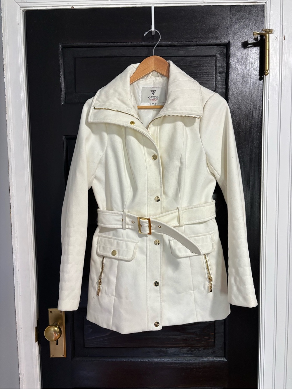 GUESS Cream Belted Trench Coat with Gold Hardware